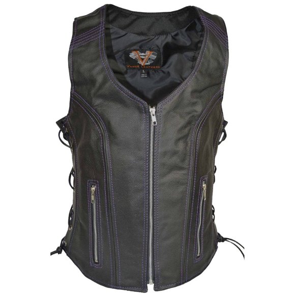Women's Black Lace Side Zipper Pocket Premium Cowhide Leather Biker Vest - Picture 9 of 13